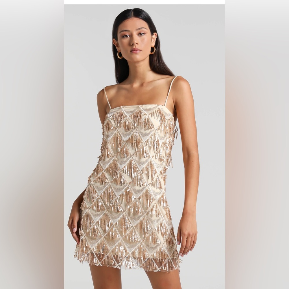 Showpo shook mini dress - cami sequin fringe dress in champagne sequin
